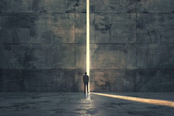 Silhouette of a man standing in front of a gigantic wall, sunlight shining through a narrow gap, symbolic image for near-death experience, hope, depression, life crisis, psychology, grief, redemption, AI generated, AI generated, AI generated