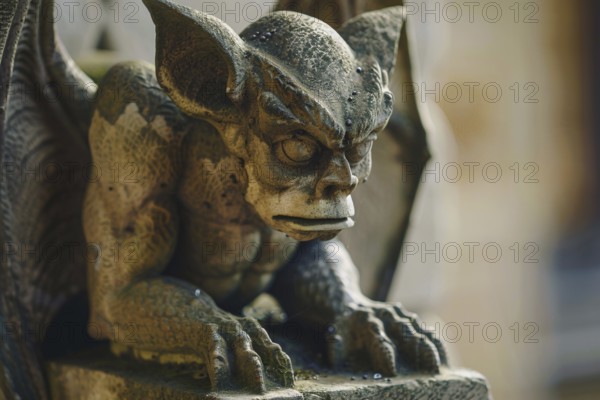 Scary face of stone gargoyle sculpture. KI generiert, generiert, AI generated