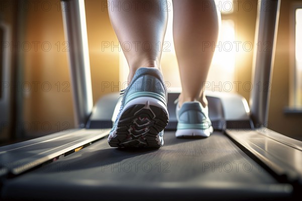 Back view of legs of curvy plus sice woman in sport shoes on treadmill. Concpet for doing sports and losing wieght. KI generiert, generiert AI generated