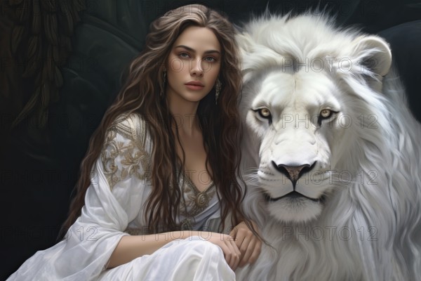 Beautiful young woman with long dark hair with her white pet lion, AI generated