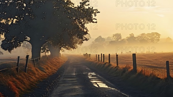 Sunrise in rural landscape in autumn veiled in fog, AI generated