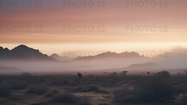 Fog enveloped landscape of the mojave desert, AI generated