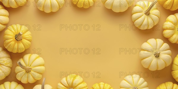 Banner with small yellow pumpkins on yellow background with copy space. Generative Ai, AI generated