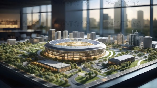 Scale model of soccer stadium on a polished conference table, AI generated