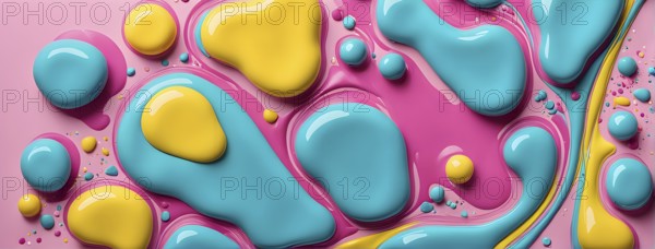 Abstract image with colorful yellow and turquoise blobs and liquid shapes on a pink background, AI generated