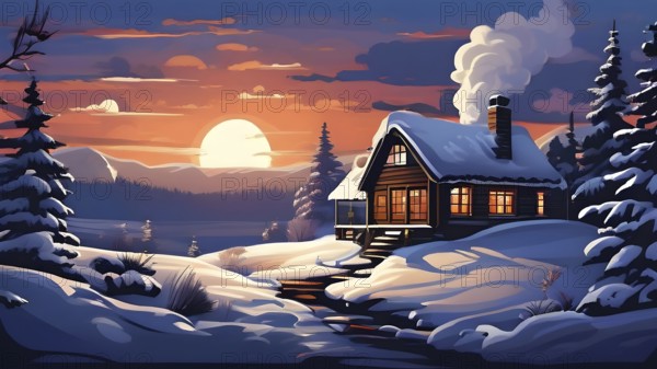 Snow-covered cottage in a serene winter scene in vector style, AI generated