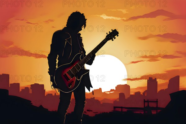 Illustration of a rock star silhouette clutching guitar against abstract urban skyline morphing into sunset, AI generated