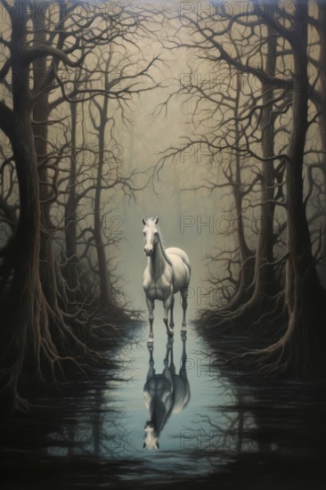 White horse reflecting in water in an imaginary forest, 19th century style, AI generated