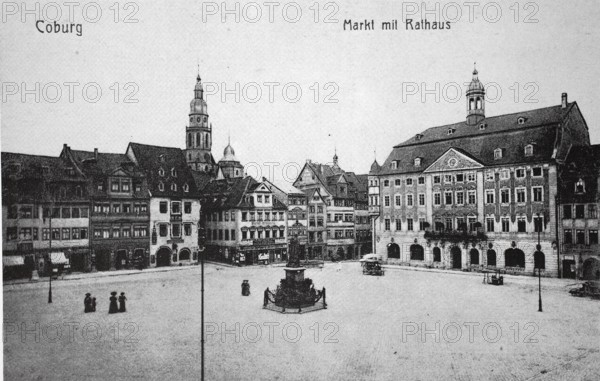 Historical, digitally restored reproduction from a 19th century original, Record date not stated, Market square with town hall after the reconstruction in 1905, Coburg, Upper Franconia, Bavaria, Germany, Europe