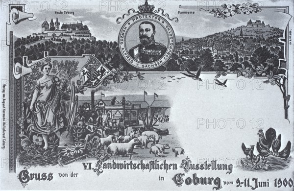 Historical, digitally restored reproduction from a 19th century original, Record date not stated, Postcard for the agriculture Exhibition 1900 in Coburg, Upper Franconia, Bavaria, Germany, Europe