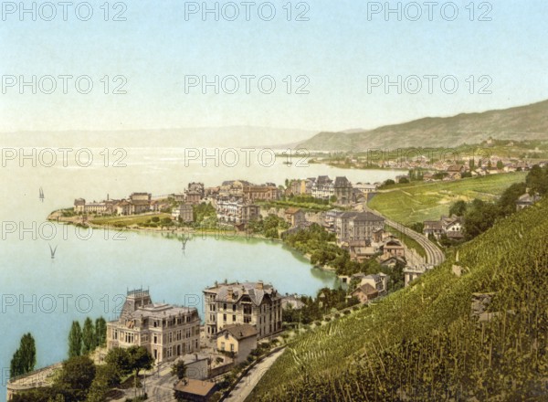 Montreux and Clarens, Geneva Lake, Switzerland, Historic, digitally restored reproduction from a 19th century original, Record date not stated, Montreux, and Clarens, Geneva Lake, Switzerland, Historic, digitally restored reproduction from a 19th century original, Record date not stated, Europe