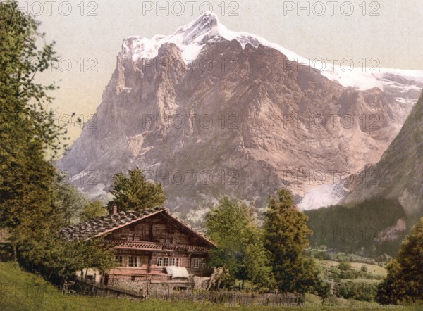 Grindelwald, Chalet und Wetterhorn, Bernese Oberland, Switzerland, Historic, digitally restored reproduction from a 19th century original, Record date not stated, chalet and Mount Wetterhorn, Bernese Oberland, Switzerland, Historic, digitally restored reproduction from a 19th century original, Record date not stated, Europe