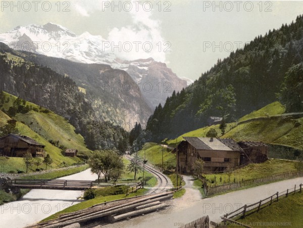 Lauterbrunnen Valley, Bernese Oberland, Switzerland, Historic, digitally restored reproduction from a 19th century original, Record date not stated, Lauterbrunnen Valley, Bernese Oberland, Switzerland, Historic, digitally restored reproduction from a 19th century original, Record date not stated, Europe