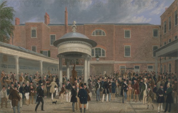 Epsom races, settlement day at Tattersalls, betting shops, horse betting, 1834, Historical, digitally restored reproduction from a 19th century original, Record date not stated