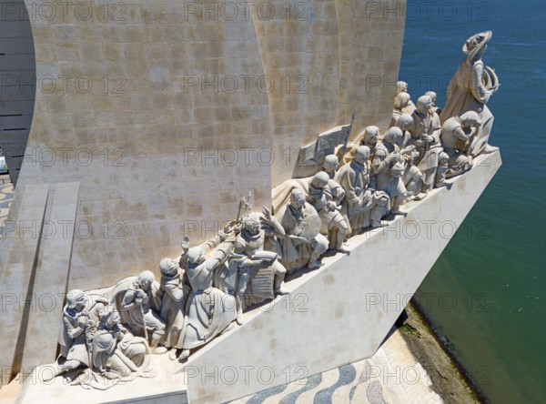 Close-up of a row of statues placed at a monument on a sunny day along the coast, aerial view, Monument, Padrão dos Descobrimentos, Monument to the Discoveries, Tagus River, Belém neighbourhood, Lisbon, Portugal, Europe