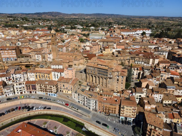 Aerial view of a historic city with many narrow streets and tiled roofs, aerial view, church, Iglesia de Santa María Magdalena, bishop's palace, Palacio Episcopal, Tarazona, Zaragoza, Aragon, Spain, Europe