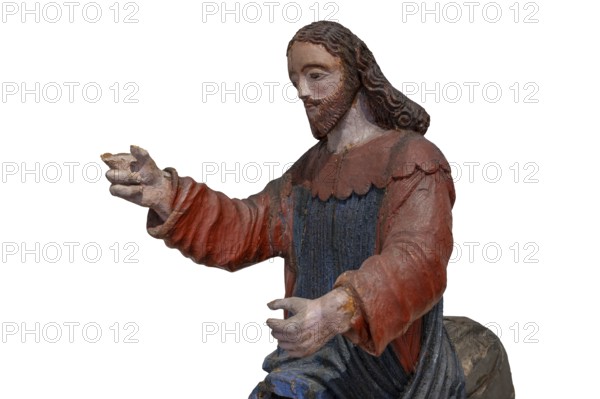 Christ on the palm donkey, on a white background, detail, wooden figure from around 1400, Museum Bezau, Vorarlberg, Austria, Europe