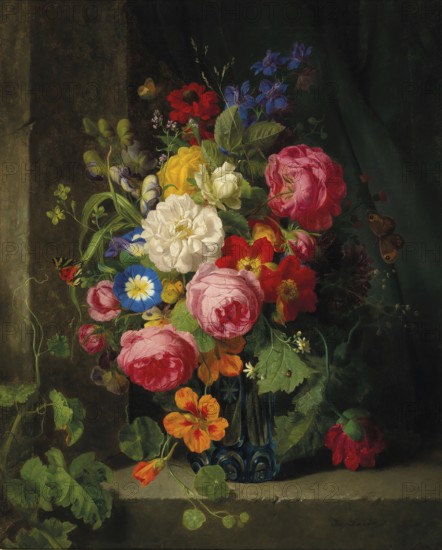 A large bouquet of flowers with roses, nasturtiums and butterflies, painting by Josef Lauer (1818, 1881), Austrian still life painter who was active in the Biedermeier period, among others