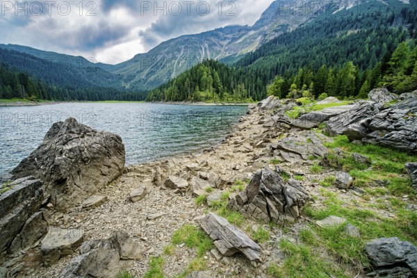 Obernberger See, mountain lake, landscape of the Stubai Alps, weather mood, cloud mood, Obernberg am Brenner, Tyrol, Austria, Europe