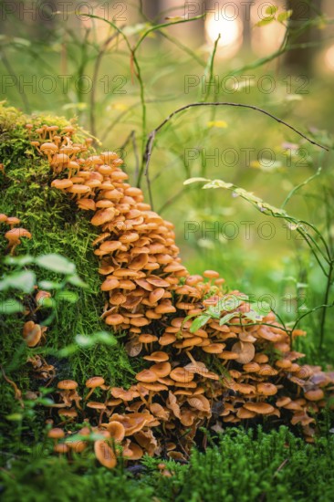 A large number of small brown mushrooms growing close together on a moss-covered tree trunk, Calw, Black Forest, Germany, Europe