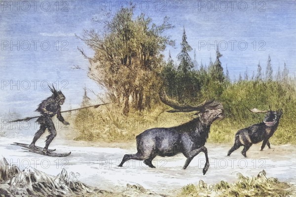 Elk hunt in the Northwest Territory in the 1870s. From American Pictures Drawn With Pen And Pencil by Rev Samuel Manning c. 1880, United States, America, Historic, digitally restored reproduction from a 19th century original, Record date not stated, North America