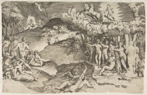 The Triumph of Love, Cupid riding on a chariot drawn by a unicorn, can be seen at top right, nude figures fill the composition, 1545, Giulio Bonasone, Italy, Historical, Digitally restored reproduction from a 19th century original, Record date not stated, Europe