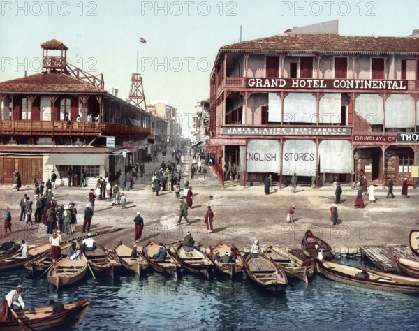 Port Said, the quay and the commercial street Rue du Commerce, Egypt, Historical, digitally restored reproduction from a 19th century original, Record date not stated, Africa