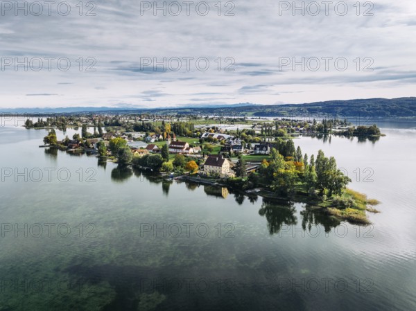 Aerial view of the north-western tip of the island of Reichenau in Lake Constance, with the district of Niederzell and the columned basilica of St Peter and Paul, Windegg Castle on the shore, district of Constance, Baden-Württemberg, Germany, Europe