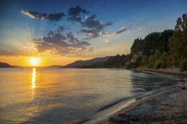 Bathing area and beach, sunset, near Überlingen, Lake Constance, Baden-Württemberg, Germany, Europe