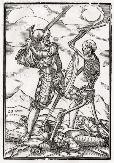 Der Tod kommt zum Soldaten Woodcut von Georg Scharffenberg nach Hans Holbein d. J. Aus Der Todten Tanz, erschienen Basel 1843, Death comes to the Soldier Woodcut by Georg Scharffenberg after Hans Holbein the Younger From Der Todten Tanz or The Dance of Death published Basel 1843, Historisch, digital restaurierte Reproduktion von einer Vorlage aus dem 19. Jahrhundert, Record date not stated