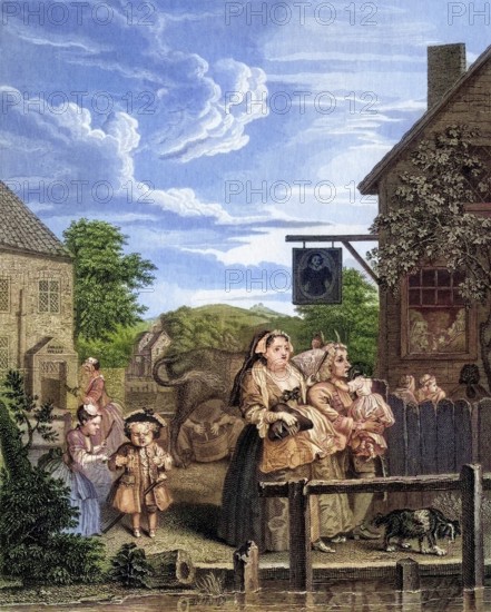 Times of the Day Evening From the original picture by Hogarth from The Works of Hogarth published London 1833, Historisch, digital restaurierte Reproduktion von einer Vorlage aus dem 19. Jahrhundert, Record date not stated