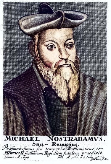 Nostradamus (Michel de Notradame 1503-1556) . French physician and astrologer, Historical, digitally restored reproduction from a 19th century original, Record date not stated