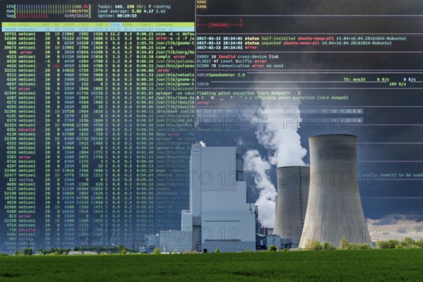 Symbolic image Critical infrastructure, blackout risk, cyberterrorism, hacker attack, Neurath lignite-fired power plant, near Grevenbroich, RWE Power AG, storm clouds over the Rhenish lignite mining area, field, North Rhine-Westphalia, Germany, Europe