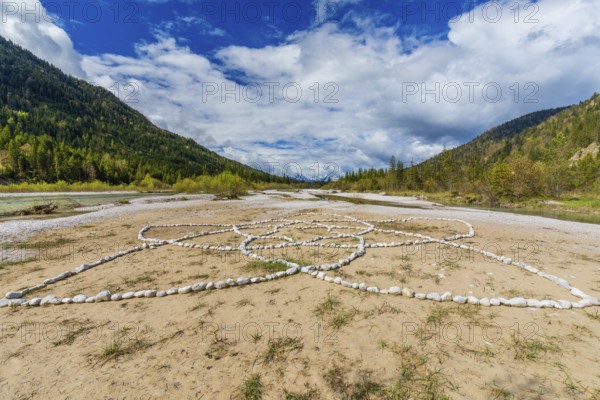 Isar valley nature conservancy area. The wild Isar river flows through its gravel bed past driftwood and entrained trees and bushes . Early morning