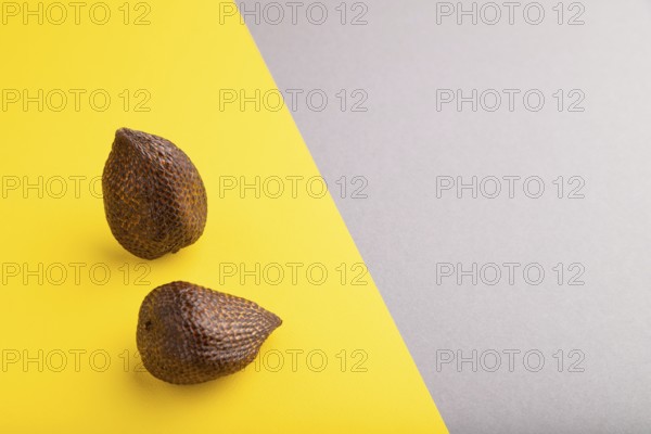 Salak or snake fruit on gray and yellow pastel background. Side view, copy space. Tropical, healthy food, summer, exotic, minimalism