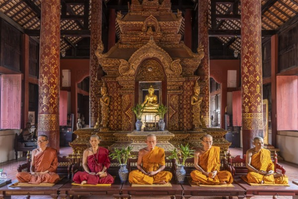 Wax figures of deceased monks in the Buddhist temple complex Wat Phra Singh, Chiang Mai, Thailand, Asia