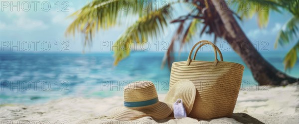 Beach scene with a straw hat, beach bag. Summer vacation, palm trees and ocean in the background, AI generated