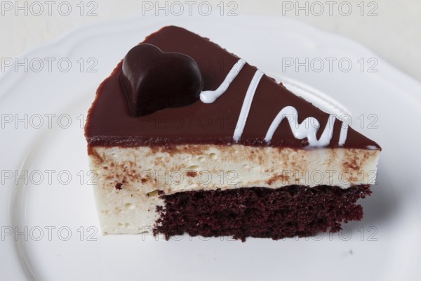 Slice of cake, bird's milk, chocolate sponge cake with souffle, sweet dessert, on a white plate, close-up, horizontal, no people