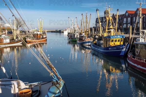 The harbour of Neuharlingersiel, East Frisia, Lower Saxony, fishing boats, fishing cutter, monument, Neuharlingersiel, Federal Republic of Germany ferry port