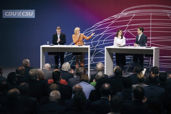 Julia Klöckner, Federal Treasurer of the CDU and Stefan Kooths, German economist, recorded at the event, Wir hören zu | Gipfel der CDU/CSU-Fraktion I Wirtschaftswende für Deutschland at the German Bundestag in Berlin, 1 February 2024