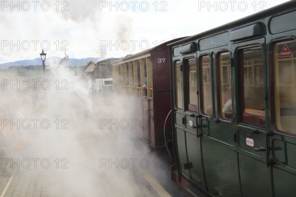 Steam train on the Ffestiniog railway, Porthmadog, Gwynedd, north west Wales, UK