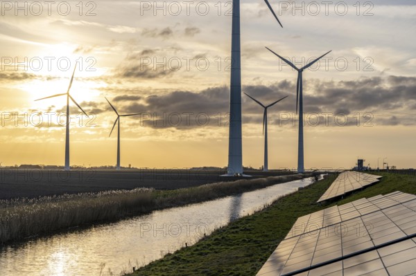 Solar park on the Slaperdijk dyke near the Eemshaven, test project, 17, 000 solar modules were installed over a good 5 kilometres, the Netherlands has over 22, 000 kilometres of dyke line, here it is being tested whether such an installation is successful and can be expanded, wind farm, Groningen, Netherlands