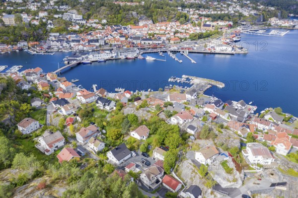 Aerial view over island Kragerø, traditional village at the southern norwegian coast, typical white wooden houses at the waterfront, Norway, Europe