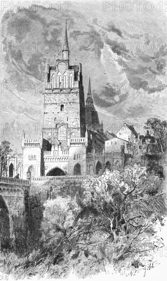 Kröpeliner Tor in Rostock, Mecklenburg-Vorpommern, Germany, historical illustration 1880, Europe