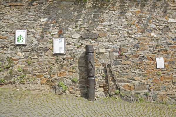 Historical pillory, pillory on stone wall, Middle Ages, inscription, text, explanation, town hall square, Herrstein, Hunsrück, Rhineland-Palatinate, Germany, Europe