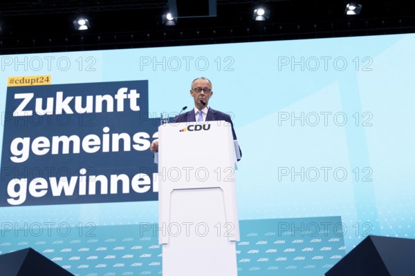 Berlin, Germany, 6 May 2024: Friedrich Merz, Chairman of the Christian Democratic Union of Germany (CDU), speaks during the CDU Germany 2024 party conference, Europe