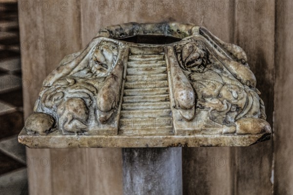 Holy water font from the 1st century, Cathedral of Santo Stefano Protomartire, Basilica Paleocristiana under the cathedral Concordia Sagittaria, medieval old town, Veneto, Friuli, Italy, Concordia Sagittaria, Veneto, Italy, Europe