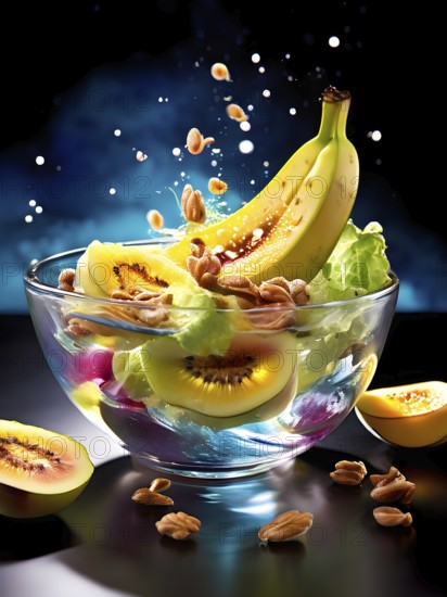 AI generated surreal food art blending an vibrant edible galaxy swirled inside a clear glass bowl