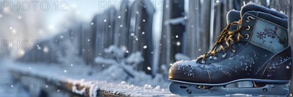 Pair of vintage ice skates hanging by their laces on an old wooden fence with frost and snow gently settled on the blades, AI generated