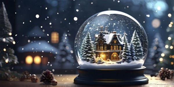 Winter Wonderland in Glass Ball Snow Globe on table and blurred bokeh background, AI generated